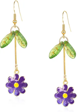 Alloy Daisy Flower Drop Dangle Earrings Long Tassel Bohemian Flower Statement Earrings for Women Gifts With Green Leaf