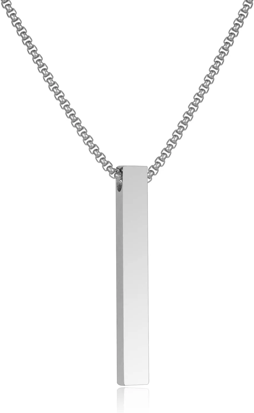 Bar Pendant Necklace For Men Stainless Steel Box Chain Pendant Mens Necklace Jewelry Length 22inch