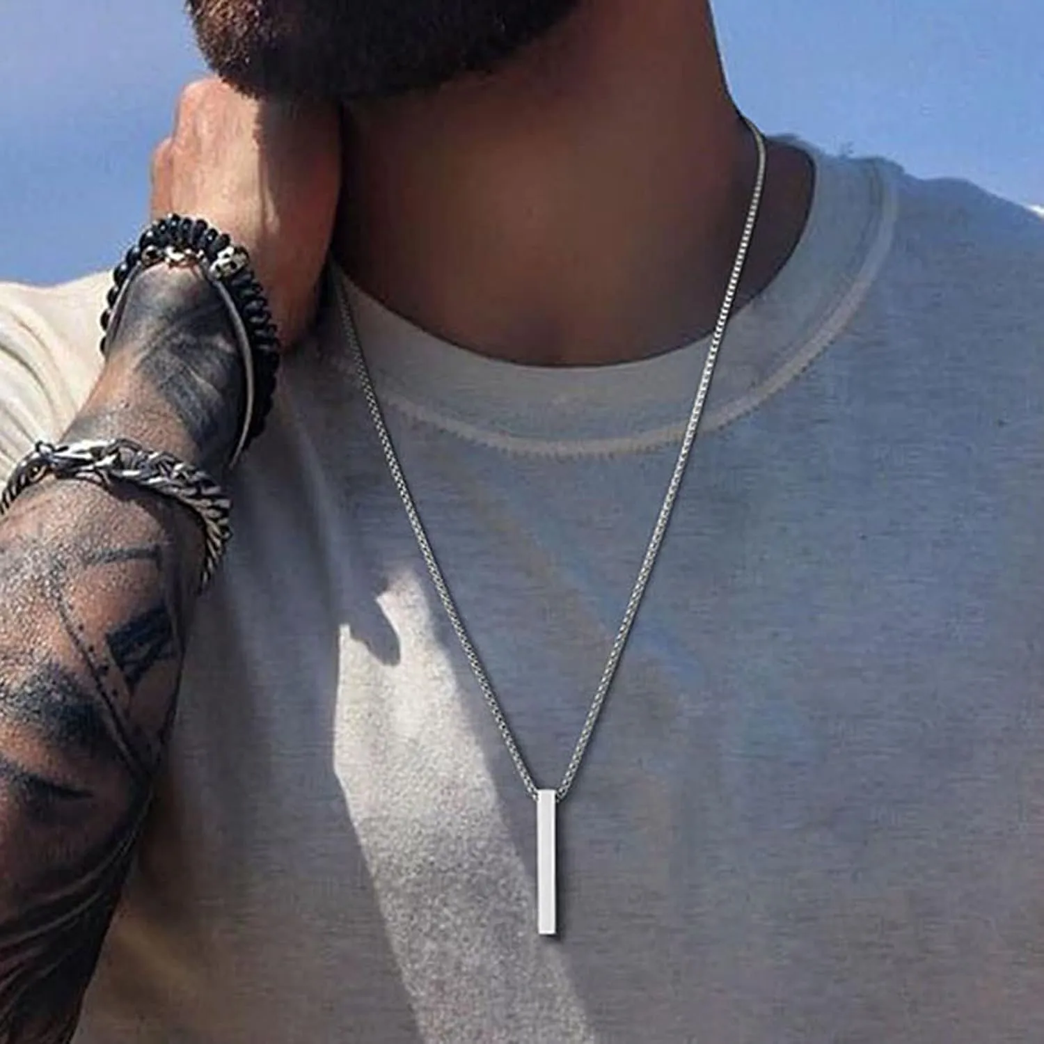 Bar Pendant Necklace For Men Stainless Steel Box Chain Pendant Mens Necklace Jewelry Length 22inch