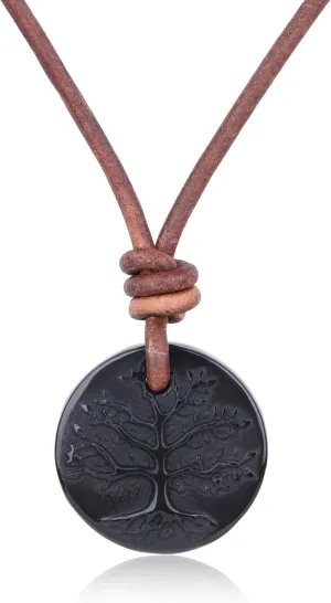 COAI Genuine Leather Necklace for Men Women, Tree of Life Pendant Black Obsidian Necklace for Men Women