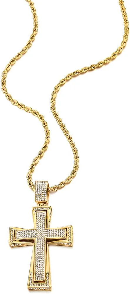COOLSTEELANDBEYOND Mens Womens Large Steel Cross Pendant Necklace with Cubic Zirconia and Wheat Chain