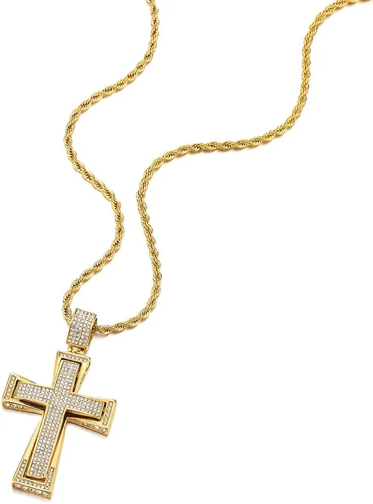 COOLSTEELANDBEYOND Mens Womens Large Steel Cross Pendant Necklace with Cubic Zirconia and Wheat Chain