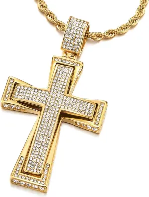 COOLSTEELANDBEYOND Mens Womens Large Steel Cross Pendant Necklace with Cubic Zirconia and Wheat Chain