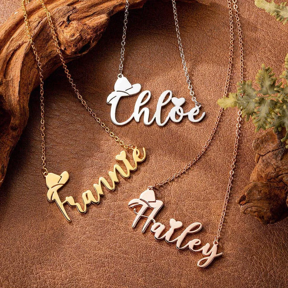 Custom Name Necklace Personalized Cowgirl Necklace With Cowboy Hat Western Good Luck Jewelry Gift for Her Him