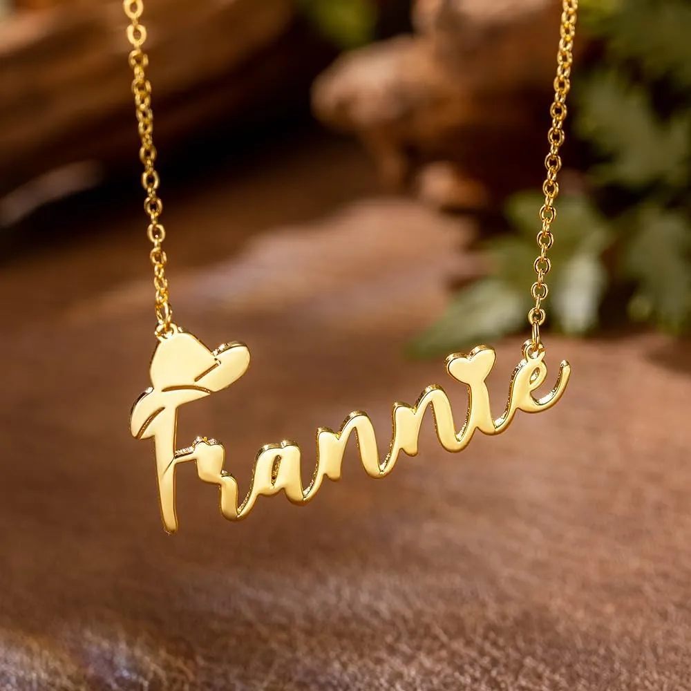 Custom Name Necklace Personalized Cowgirl Necklace With Cowboy Hat Western Good Luck Jewelry Gift for Her Him