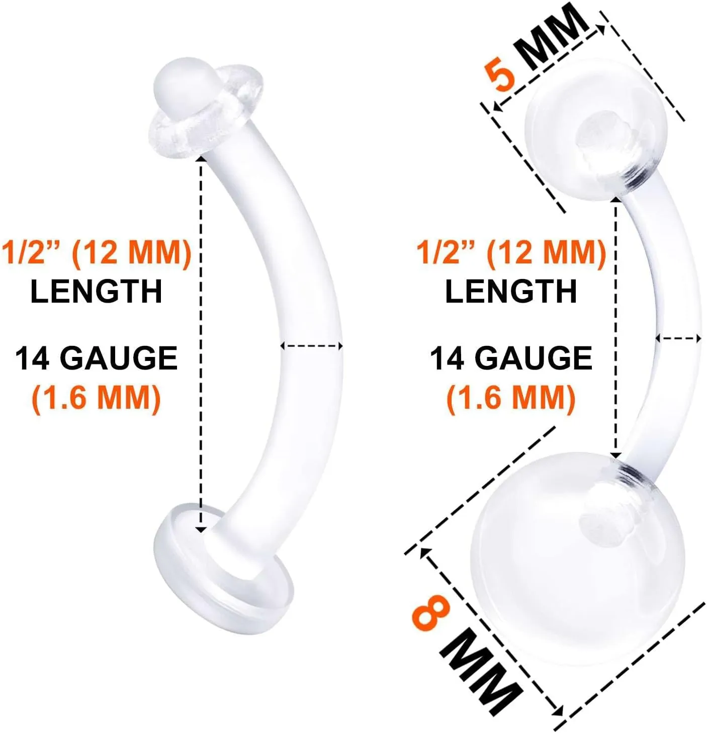 Flexible Acrylic Clear Belly Button Ring Retainer 14 Gauge Navel Bar Earrings Piercing Jewelry See More Sizes