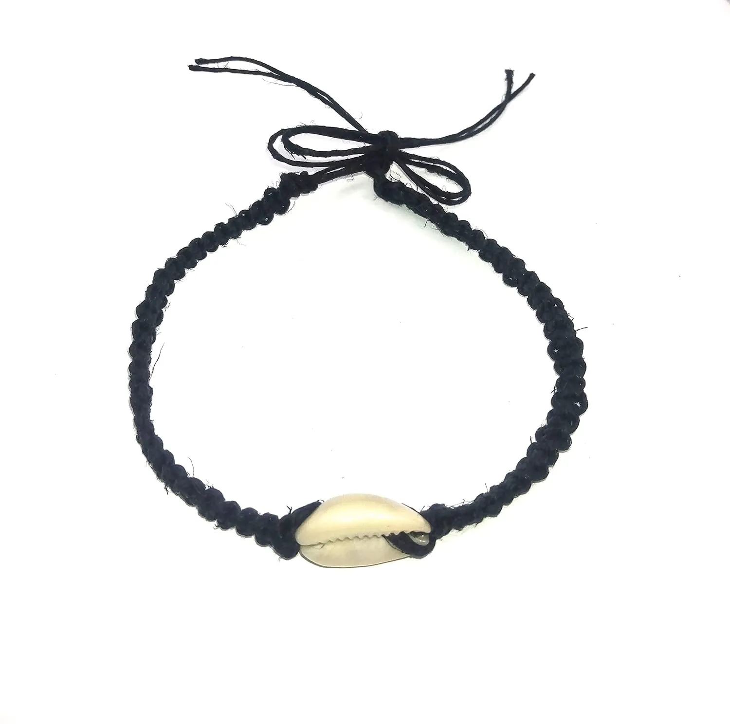Hemp Anklet with Shell Adjustable Tie On (Single Cowrie on Black)