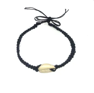Hemp Anklet with Shell Adjustable Tie On (Single Cowrie on Black)
