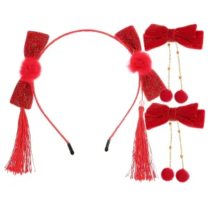 Homoyoyo 1set Chinese Style Headband Bows Tassels Furry for Little Girls Year Hair Accessories for Festivals Special Occasions