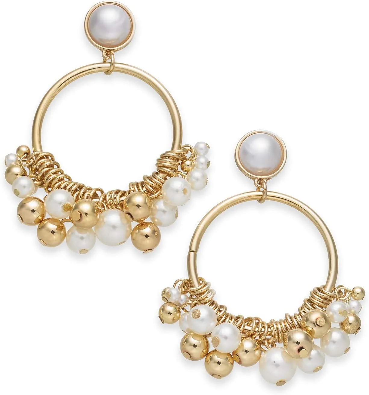 INC International Concepts I.N.C. Extra Large 2.75" Gold-Tone Imitation Pearl Shaky Drop Hoop Earrings