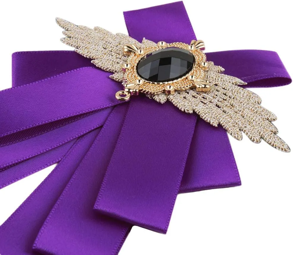 Men & Women Ribbon Bow Tie Fashion Rhinestone Ribbon Solid Color Brooch Pin Bowtie for Wedding Party