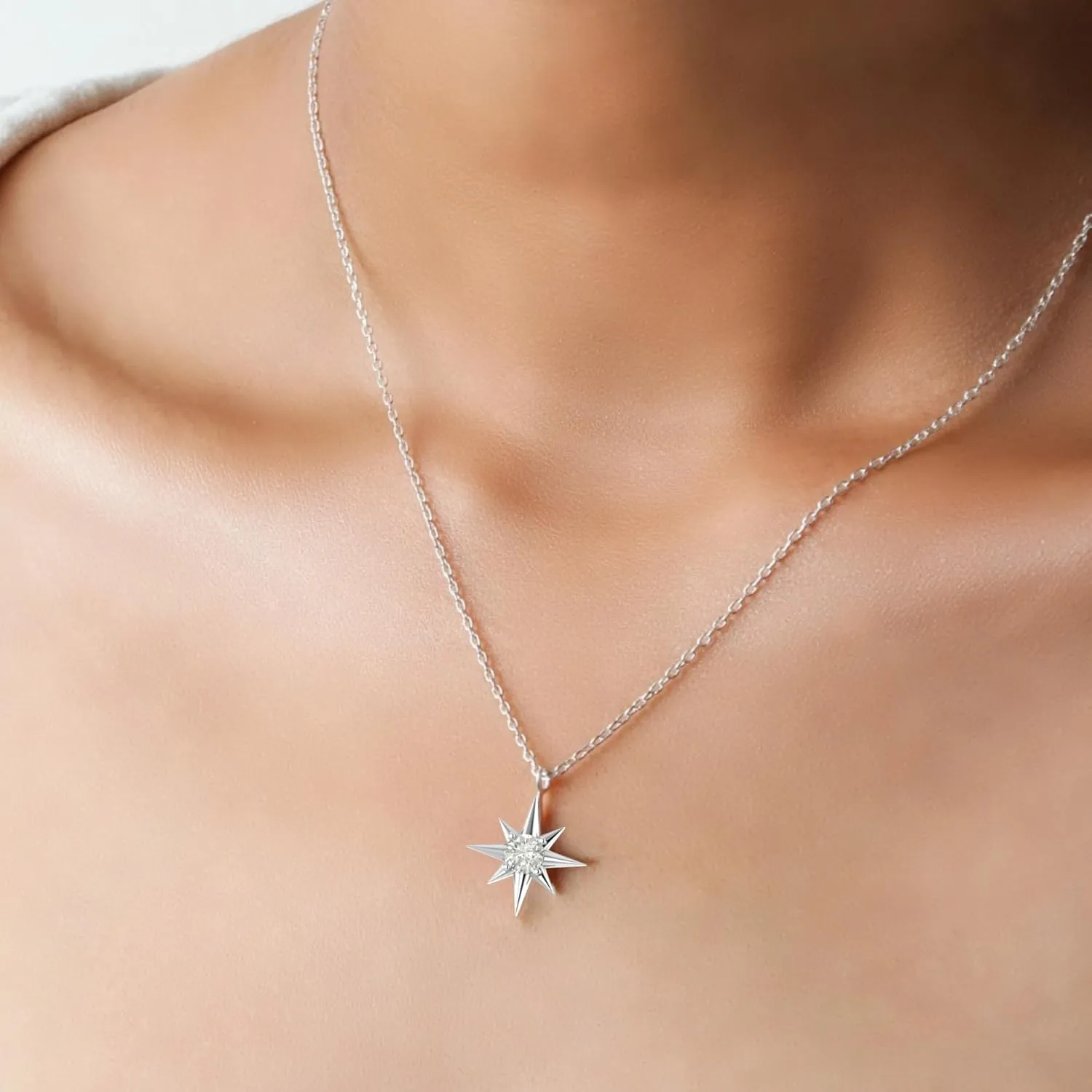 North Star Pendant Necklace, White Topaz Necklace, Birthstone Necklace for Women, April Birthstone Gift, Topaz Jewelry, 16   2 Inch Adjustable Chain