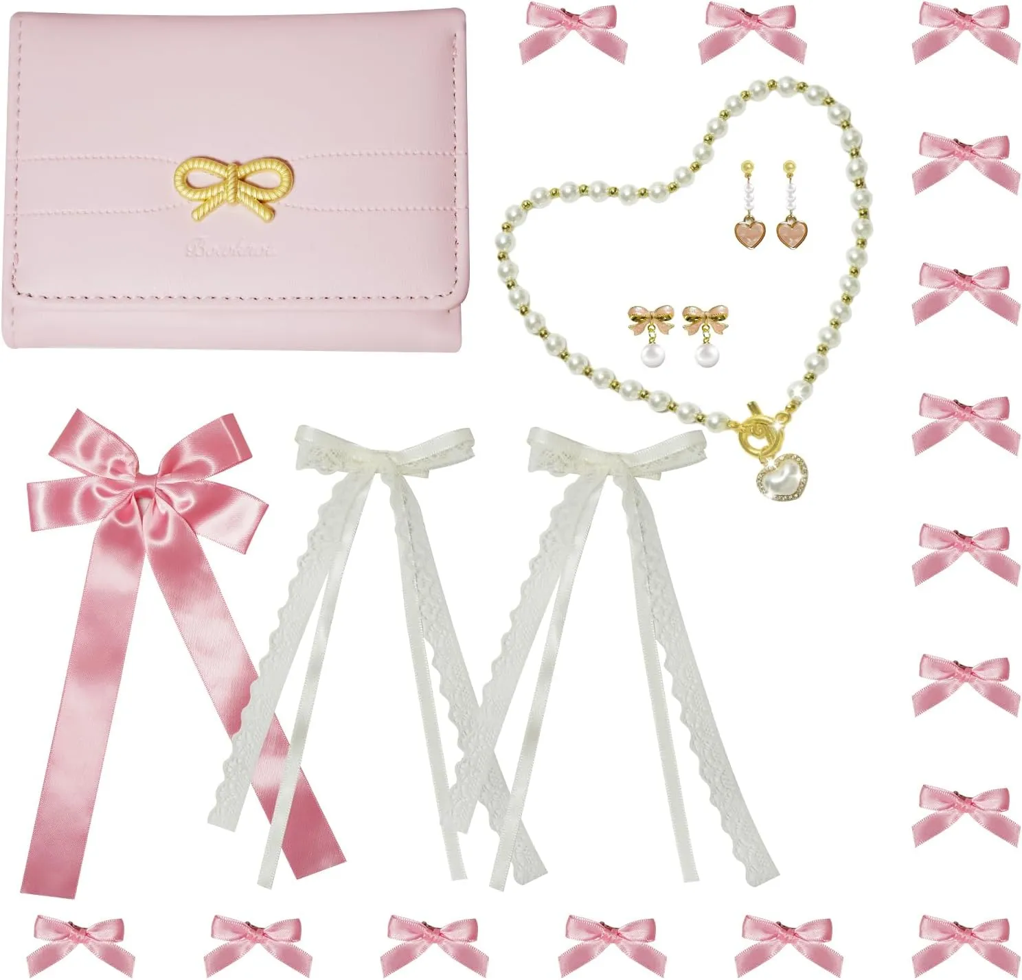 Pearl Coquette Jewelry Set - Bow Earrings, Pink Hair Bows, Choker Necklace - Trendy Accessories, Valentine's Gift for Women