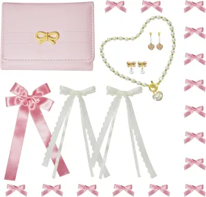 Pearl Coquette Jewelry Set - Bow Earrings, Pink Hair Bows, Choker Necklace - Trendy Accessories, Valentine's Gift for Women