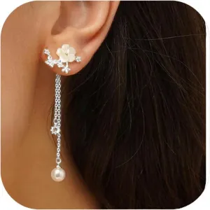 Pearl Earrings for Women Dangle Silver/Gold Plated Flower Earrings Stud Pearl Drop Wedding Earring for Brides Gold Prom Jewelry Bridesmaid Gift For Her