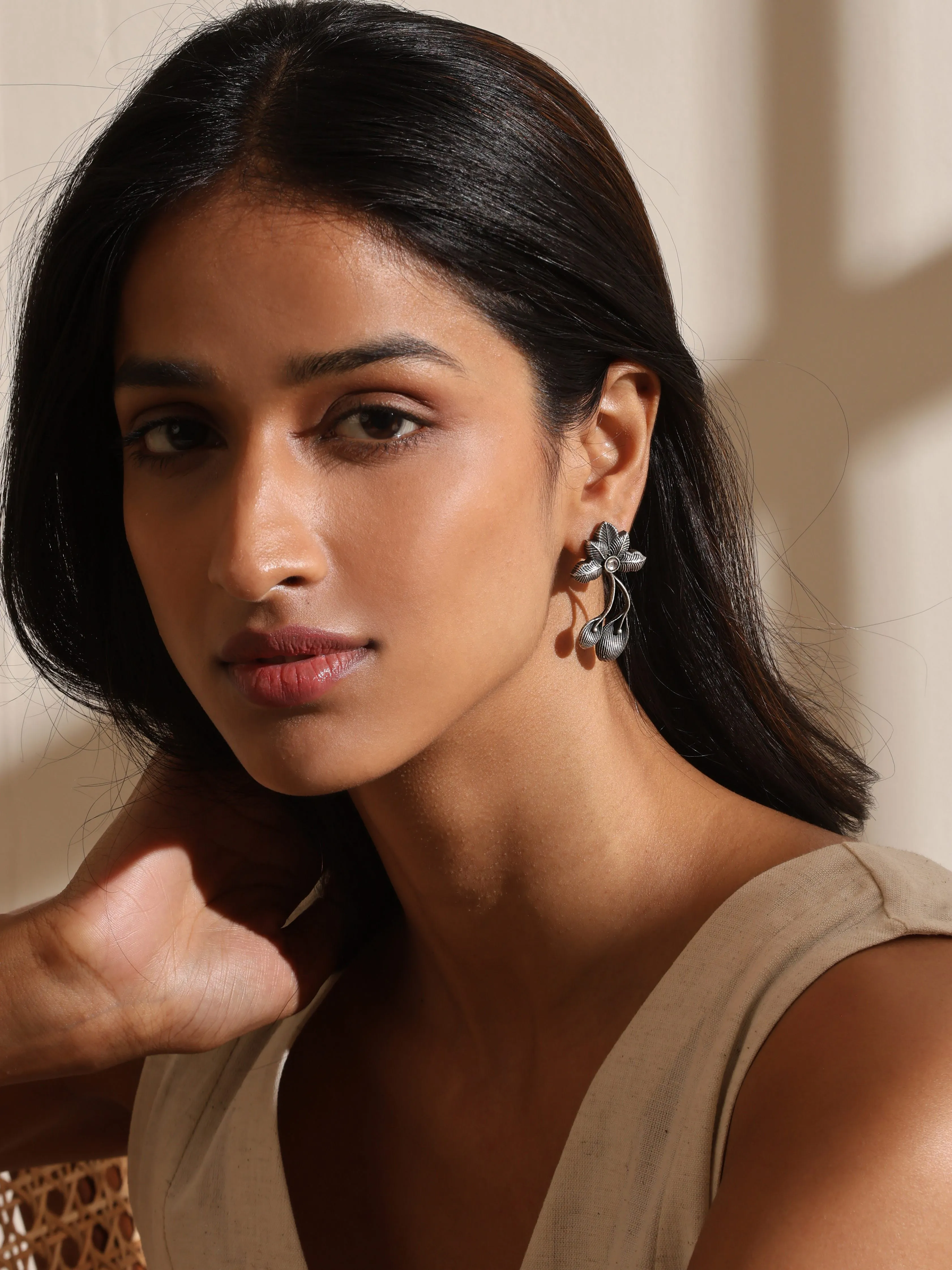 Silver-Plated Flower Petal Drop Earrings