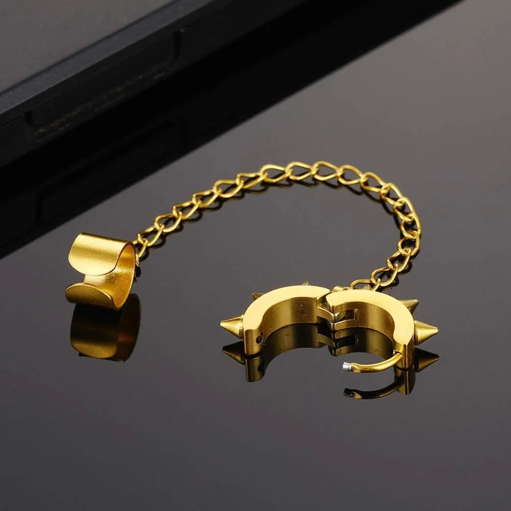 Spike Ear Cuff Earrings For Men Clip With Dangle Drop Chain Gold Black Silver Stainless Steel Punk Cool Hip Hop Kpop Long Ear Cuff Dangling Hoop Clip On Wrap Cartilage Jewelry