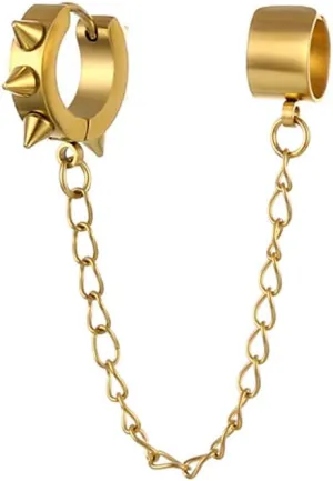 Spike Ear Cuff Earrings For Men Clip With Dangle Drop Chain Gold Black Silver Stainless Steel Punk Cool Hip Hop Kpop Long Ear Cuff Dangling Hoop Clip On Wrap Cartilage Jewelry