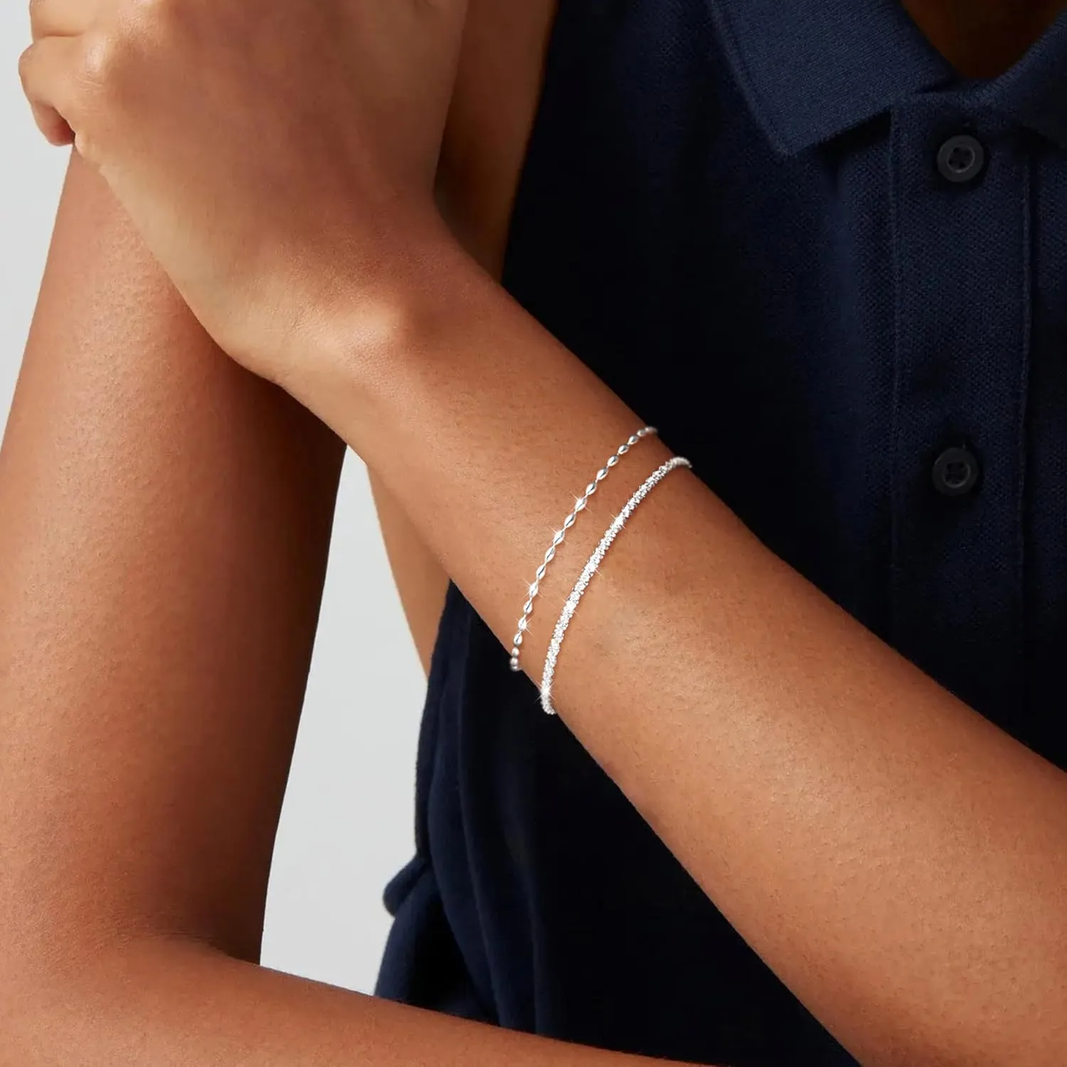 Sterling Silver Chain Bracelet: Dainty Stackable Bracelets for Women Trendy Cute Adjustable Layered Paperclip Womens Bracelet Set Silver Waterproof Jewelry for Women