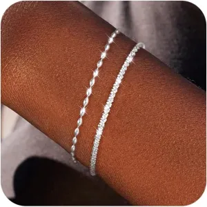 Sterling Silver Chain Bracelet: Dainty Stackable Bracelets for Women Trendy Cute Adjustable Layered Paperclip Womens Bracelet Set Silver Waterproof Jewelry for Women