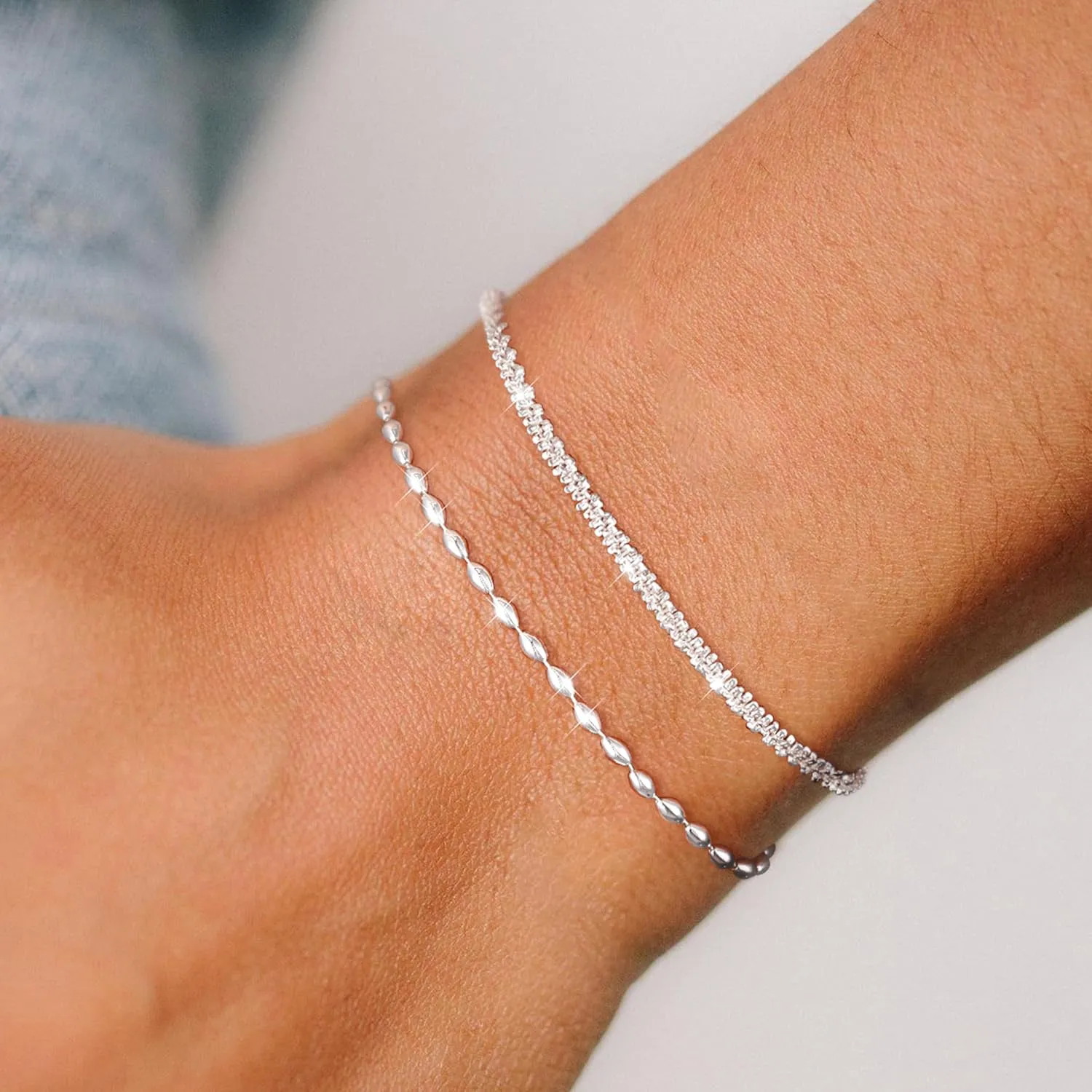 Sterling Silver Chain Bracelet: Dainty Stackable Bracelets for Women Trendy Cute Adjustable Layered Paperclip Womens Bracelet Set Silver Waterproof Jewelry for Women