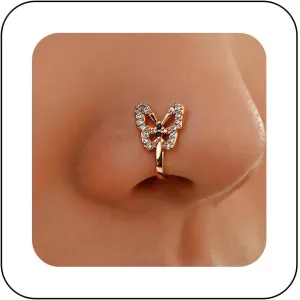 Vintage Crystal Butterfly Nose Ring Gold Cz Cuff Septum U Shaped Clip On Stud Hoop Piercing Jewelry for Women