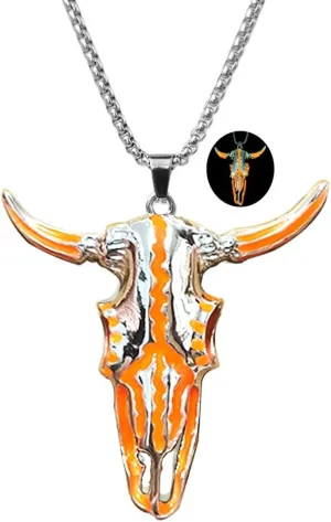 Western Necklace Luminous Ox Bull Skull Head Horn Necklace for Women Men Jewelry