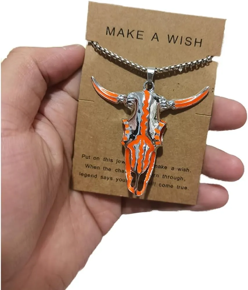 Western Necklace Luminous Ox Bull Skull Head Horn Necklace for Women Men Jewelry